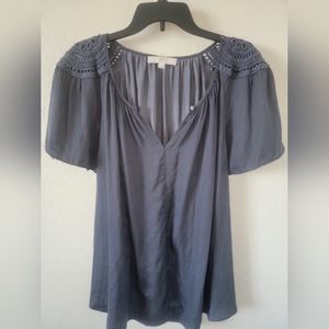 LOFT gray silky embroidered top